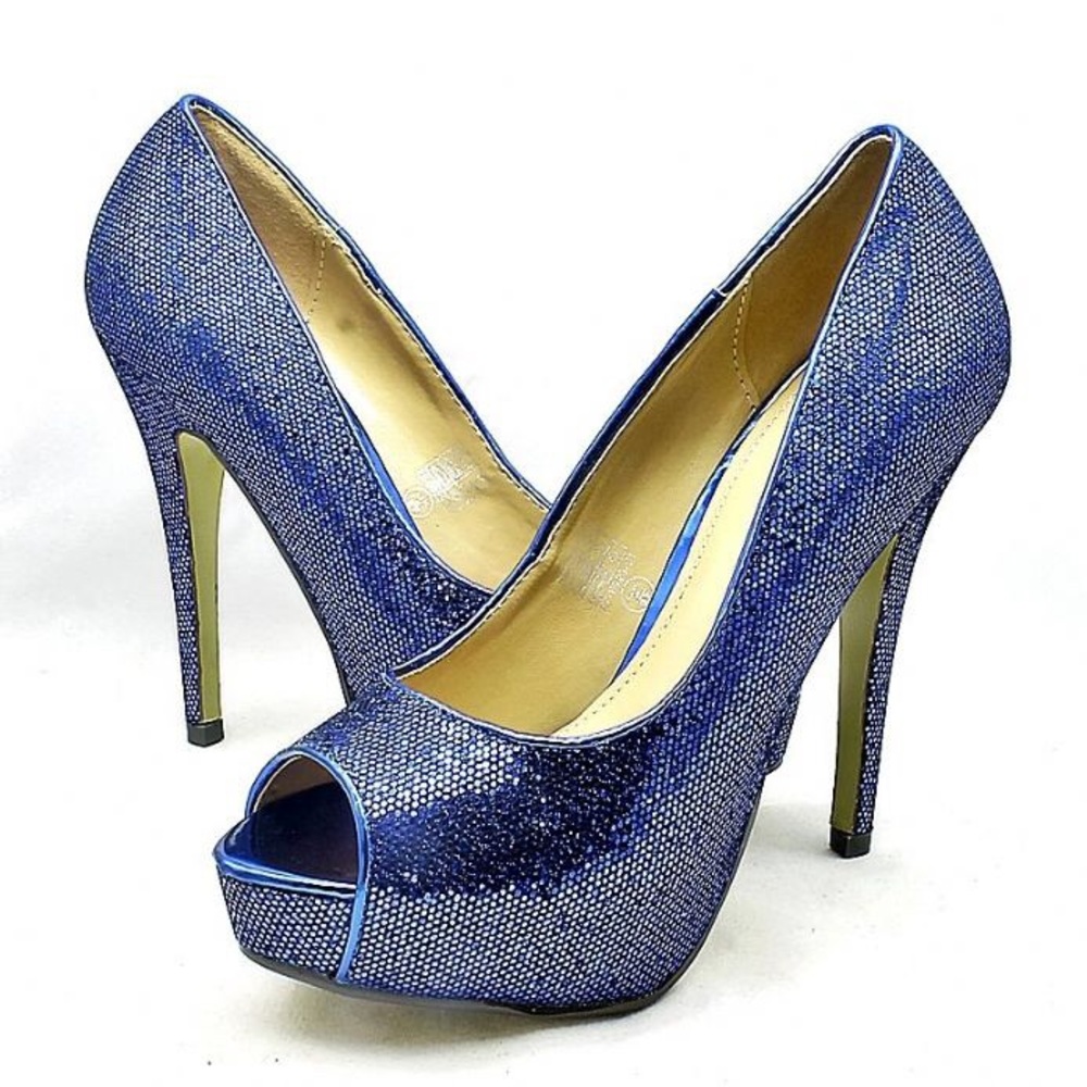 Blue sequin platform heels